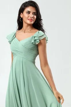 Lace-Up Back A Line Chiffon Green Bridesmaid Dress with Ruffles
