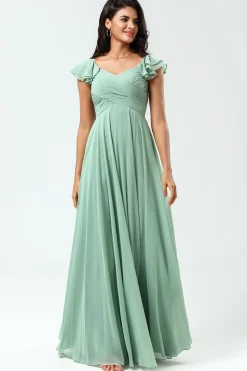 Lace-Up Back A Line Chiffon Green Bridesmaid Dress with Ruffles