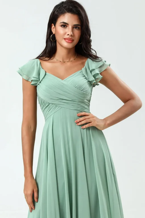 Lace-Up Back A Line Chiffon Green Bridesmaid Dress with Ruffles