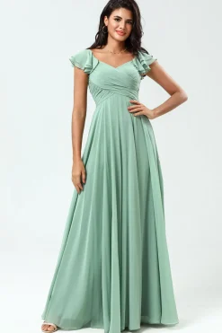 Lace-Up Back A Line Chiffon Green Bridesmaid Dress with Ruffles