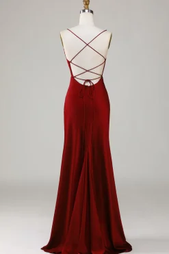 Lace-Up Back Burgundy Long Bridesmaid Dress with Slit