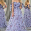 Lavendar Printed A-line Off The Shoulder Prom Dress