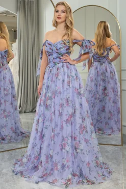 Lavendar Printed A-line Off The Shoulder Prom Dress