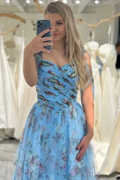 Lavendar Printed A-line Off The Shoulder Prom Dress