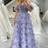 Lavendar Printed Convertible Off the Shoulder A-Line Long Tiered Prom Dress