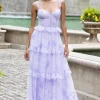 Lavender A Line Corset Spaghetti Straps Floral Tiered Wedding Party Dress