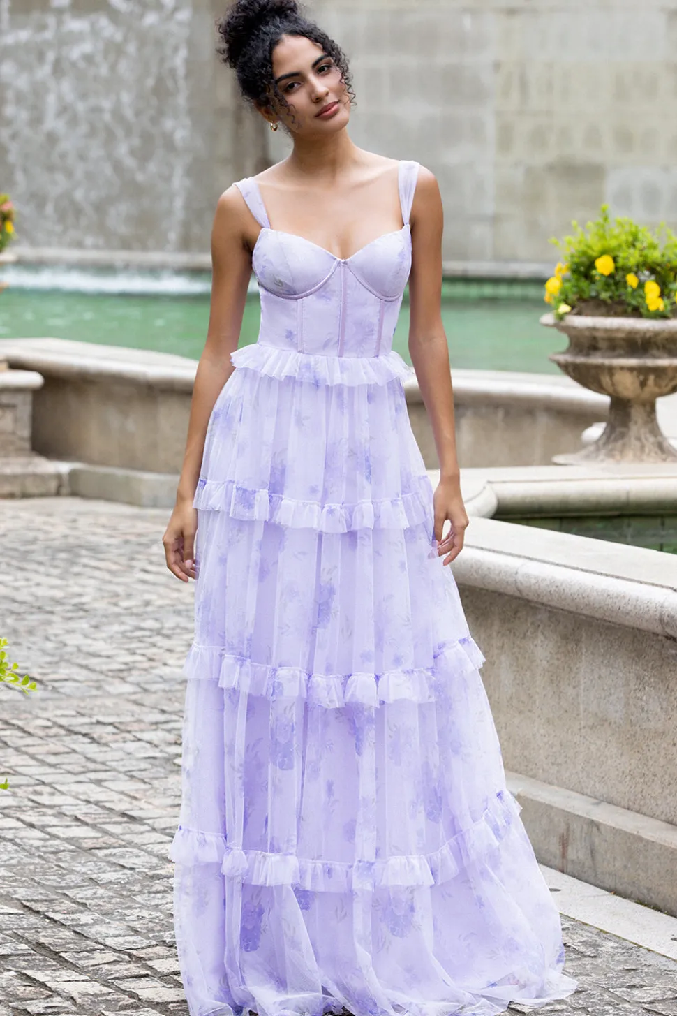 Lavender A Line Corset Spaghetti Straps Floral Tiered Wedding Party Dress