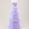 Lavender A Line Corset Spaghetti Straps Floral Tiered Long Bridesmaid Dress