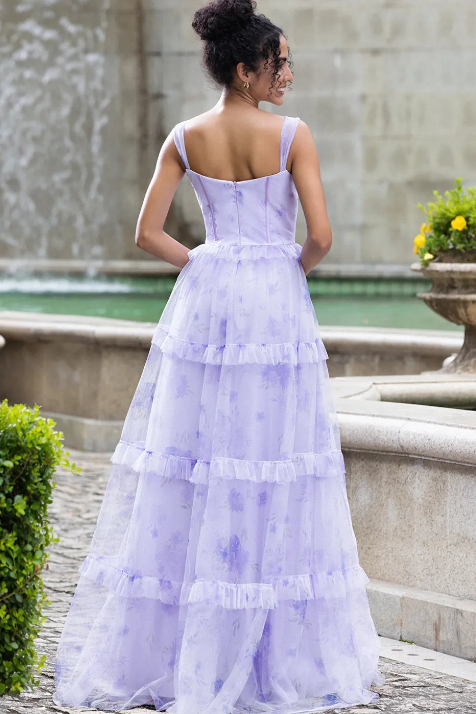 Lavender A Line Corset Spaghetti Straps Floral Tiered Wedding Party Dress