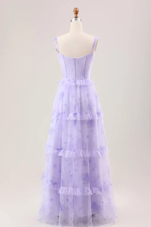 Lavender A Line Corset Spaghetti Straps Floral Tiered Long Bridesmaid Dress