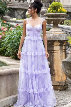 Lavender A Line Corset Spaghetti Straps Floral Tiered Wedding Party Dress