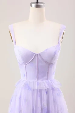 Lavender A Line Corset Spaghetti Straps Floral Tiered Long Bridesmaid Dress