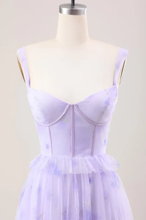 Lavender A Line Corset Spaghetti Straps Floral Tiered Long Bridesmaid Dress