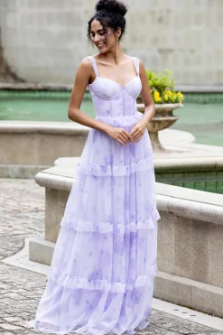 Lavender A Line Corset Spaghetti Straps Floral Tiered Wedding Party Dress