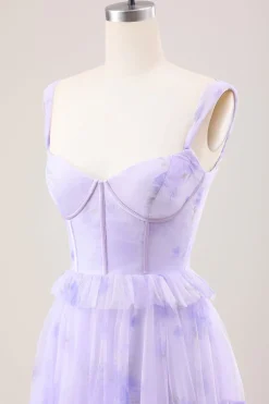 Lavender A Line Corset Spaghetti Straps Floral Tiered Long Bridesmaid Dress