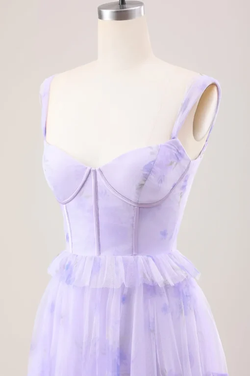 Lavender A Line Corset Spaghetti Straps Floral Tiered Long Bridesmaid Dress