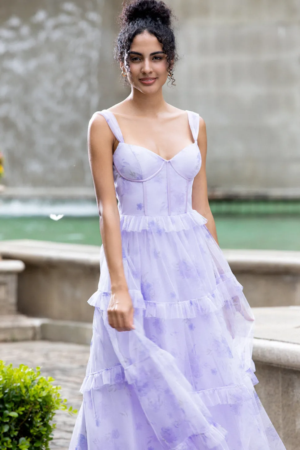 Lavender A Line Corset Spaghetti Straps Floral Tiered Wedding Party Dress