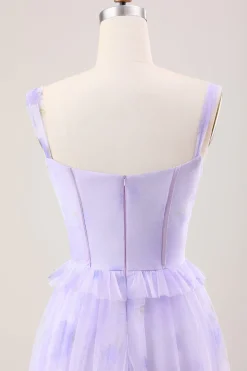 Lavender A Line Corset Spaghetti Straps Floral Tiered Long Bridesmaid Dress