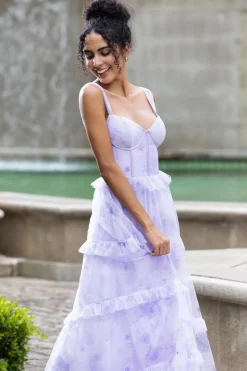 Lavender A Line Corset Spaghetti Straps Floral Tiered Wedding Party Dress