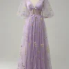 Lavender A Line Tulle Corset Prom Dress with Sleeves
