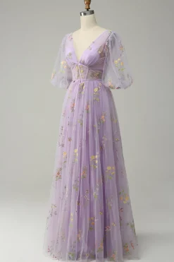 Lavender A Line Tulle Corset Prom Dress with Sleeves