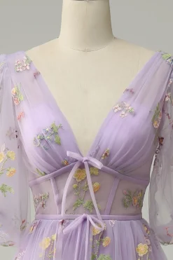 Lavender A Line Tulle Corset Prom Dress with Sleeves