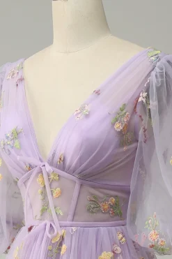 Lavender A Line Tulle Corset Prom Dress with Sleeves