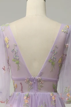 Lavender A Line Tulle Corset Prom Dress with Sleeves