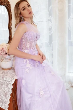 Lavender A-Line Halter Prom Dress With Embroidery