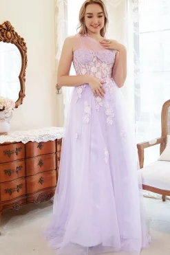 Lavender A-Line Halter Prom Dress With Embroidery