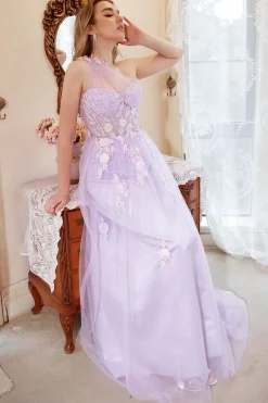 Lavender A-Line Halter Prom Dress With Embroidery