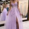 Lavender A-Line Spaghetti Straps Lace Long Prom Dress with Slit