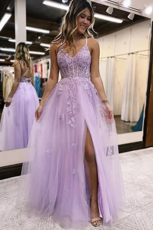 Lavender A-Line Spaghetti Straps Lace Long Prom Dress with Slit