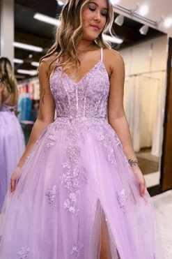 Lavender A-Line Spaghetti Straps Lace Long Prom Dress with Slit