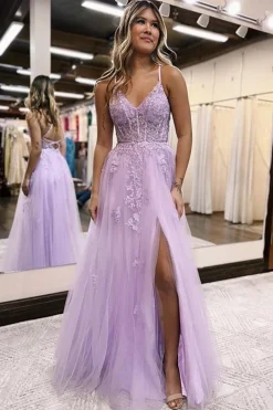 Lavender A-Line Spaghetti Straps Lace Long Prom Dress with Slit