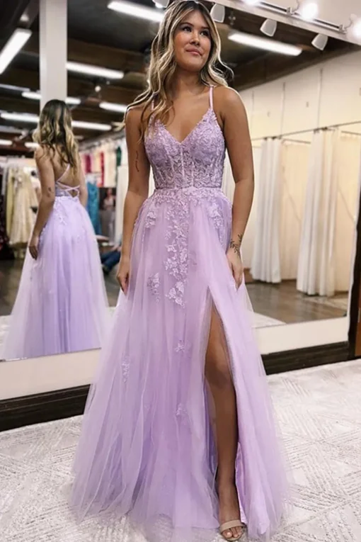 Lavender A-Line Spaghetti Straps Lace Long Prom Dress with Slit