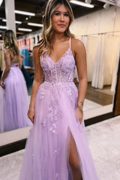 Lavender A-Line Spaghetti Straps Lace Long Prom Dress with Slit