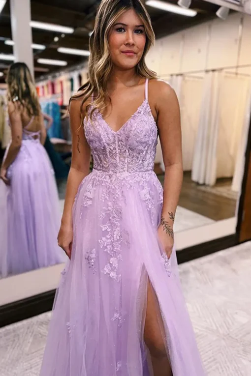 Lavender A-Line Spaghetti Straps Lace Long Prom Dress with Slit