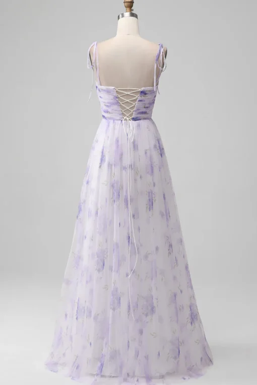 Lavender Flower Spaghetti Straps A Line Long Bridesmaid Dress with Slit