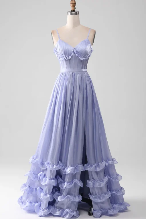 Lavender Spaghetti Straps A Line Ruffles Prom Dress with Slit