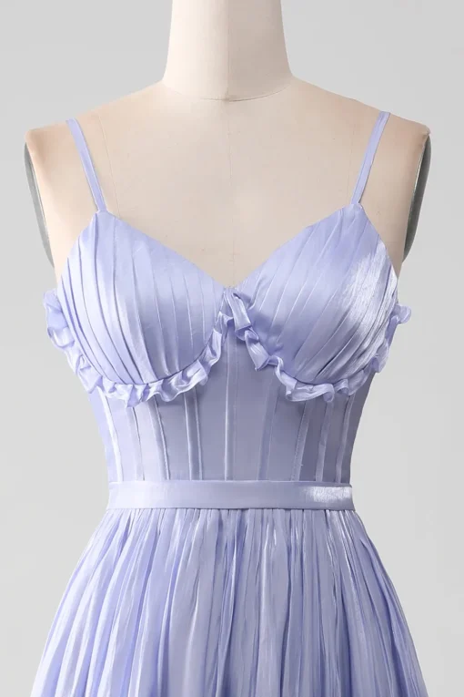 Lavender Spaghetti Straps A Line Ruffles Prom Dress with Slit
