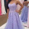 Lavender Tulle A Line Prom Dress with Appliques