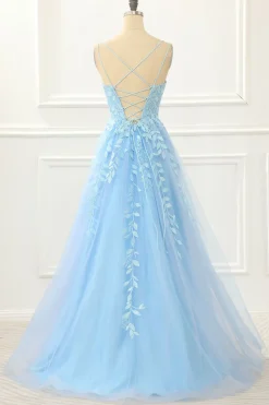 Lavender Tulle A Line Prom Dress with Appliques