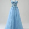 Light Blue A-Line One Shoulder Sequin Prom Dress with Appliques