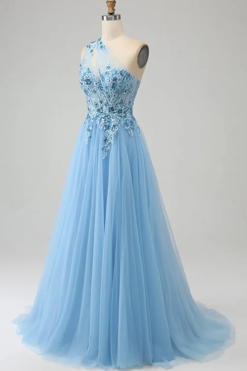 Light Blue A-Line One Shoulder Sequin Prom Dress with Appliques