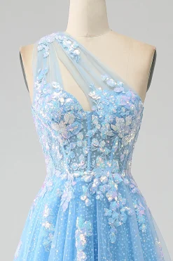Light Blue A-line One Shoulder Tulle Long Prom Dress with Appliques