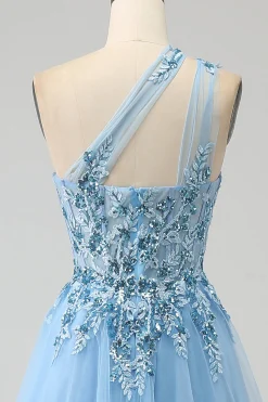 Light Blue A-Line One Shoulder Sequin Prom Dress with Appliques