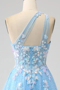 Light Blue A-line One Shoulder Tulle Long Prom Dress with Appliques