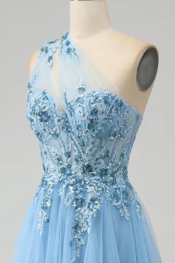 Light Blue A-Line One Shoulder Sequin Prom Dress with Appliques