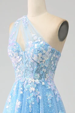 Light Blue A-line One Shoulder Tulle Long Prom Dress with Appliques